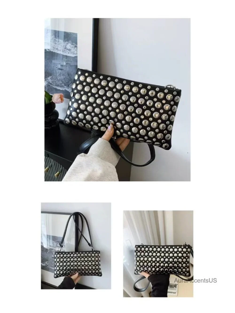 Studded PU Leather Clutch - Magnetic Closure Evening Bag